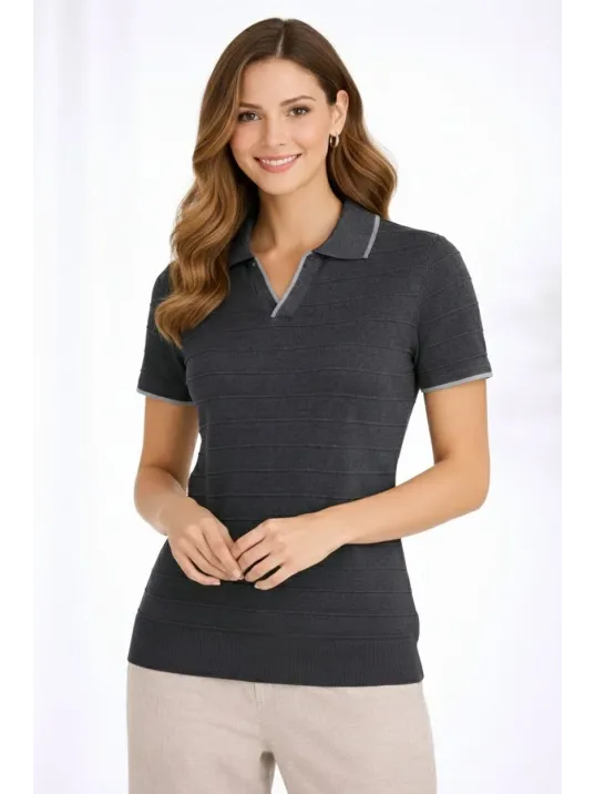 Kadın Triko Kumaş Yakalı Düğmesiz Açık Yaka Fitilli Kısa Kollu Regular Fit Tişört T-shirt - Siyah