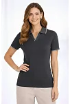 Kadın Triko Kumaş Yakalı Düğmesiz Açık Yaka Fitilli Kısa Kollu Regular Fit Tişört T-shirt - Siyah