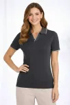 Kadın Triko Kumaş Yakalı Düğmesiz Açık Yaka Fitilli Kısa Kollu Regular Fit Tişört T-shirt - Siyah