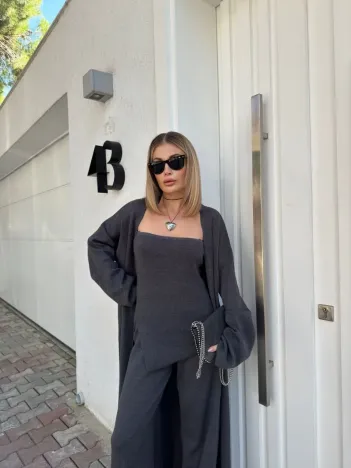 Kadın Triko Üçlü Takım - Füme Kadın Triko Üçlü Takım - Füme