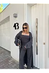 Kadın Triko 3 Parça Takım Straplez Üst Pantolon Uzun Hırka - Füme