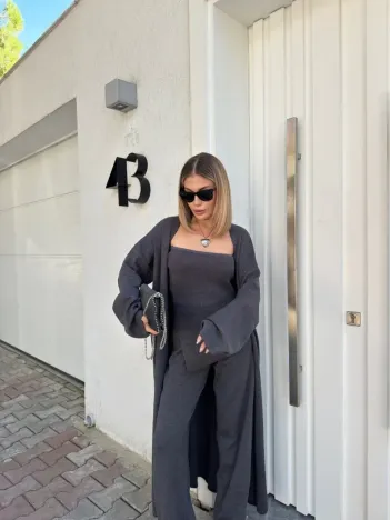 Kadın Triko Üçlü Takım - Füme Kadın Triko Üçlü Takım - Füme