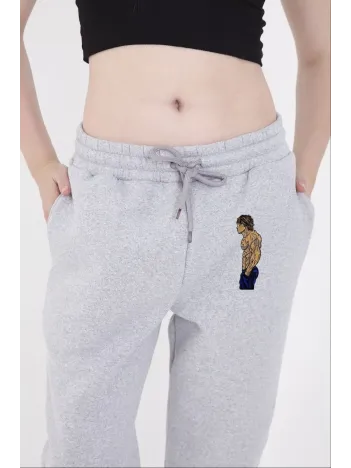 Lastikli Üç İplik Baskılı Eşofman Pantolon - Gri Lastikli Üç İplik Baskılı Eşofman Pantolon - Gri
