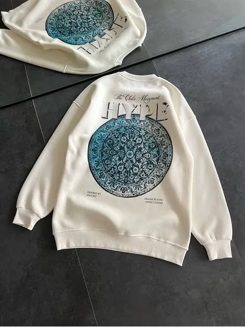 Kadın Üç İplik Bisiklet Yaka Baskılı Sweatshirt - Beyaz