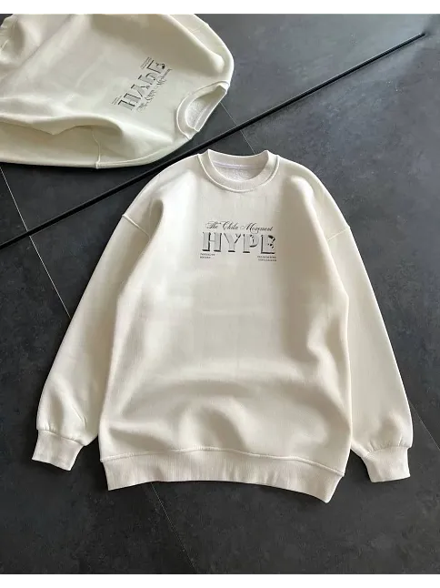 Kadın Üç İplik Bisiklet Yaka Baskılı Sweatshirt - Beyaz