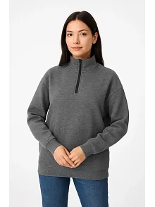 Kadın Üç İplik Dık Yaka Yarım Fermuarlı Sweatshirt - Antrasit