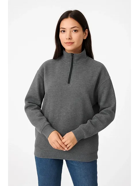 Kadın Üç İplik Dık Yaka Yarım Fermuarlı Sweatshirt - Antrasit