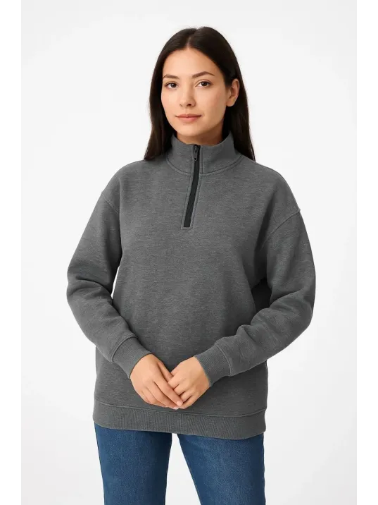 Kadın Üç İplik Dık Yaka Yarım Fermuarlı SweatShirt - Antrasit