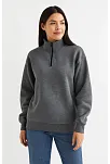 Kadın Üç İplik Dık Yaka Yarım Fermuarlı Sweatshirt - Antrasit