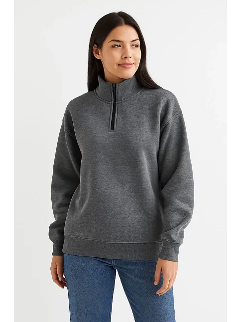 Kadın Üç İplik Dık Yaka Yarım Fermuarlı Sweatshirt - Antrasit