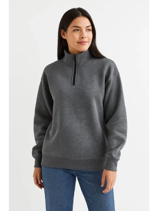 Kadın Üç İplik Dık Yaka Yarım Fermuarlı SweatShirt - Antrasit