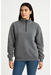 Kadın Üç İplik Dık Yaka Yarım Fermuarlı Sweatshirt - Antrasit