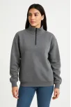 Kadın Üç İplik Dık Yaka Yarım Fermuarlı Sweatshirt - Antrasit