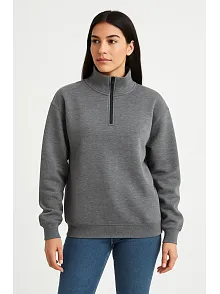 Kadın Üç İplik Dık Yaka Yarım Fermuarlı Sweatshirt - Antrasit