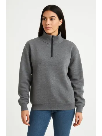 Kadın Üç İplik Dık Yaka Yarım Fermuarlı SweatShirt - Antrasit Kadın Üç İplik Dık Yaka Yarım Fermuarlı SweatShirt - Antrasit