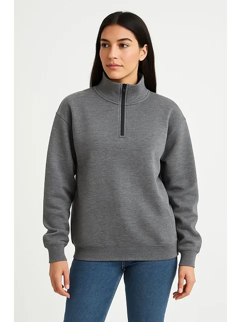 Kadın Üç İplik Dık Yaka Yarım Fermuarlı Sweatshirt - Antrasit