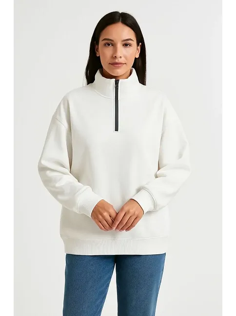 Kadın Üç İplik Dık Yaka Yarım Fermuarlı Sweatshirt - Beyaz