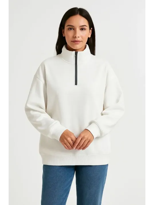Kadın Üç İplik Dık Yaka Yarım Fermuarlı SweatShirt - Beyaz Kadın Üç İplik Dık Yaka Yarım Fermuarlı SweatShirt - Beyaz
