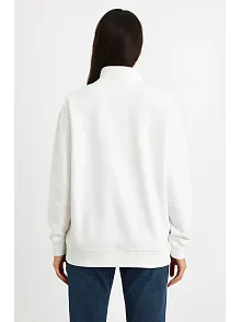 Kadın Üç İplik Dık Yaka Yarım Fermuarlı Sweatshirt - Beyaz