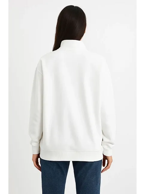 Kadın Üç İplik Dık Yaka Yarım Fermuarlı Sweatshirt - Beyaz