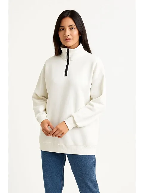 Kadın Üç İplik Dık Yaka Yarım Fermuarlı Sweatshirt - Beyaz