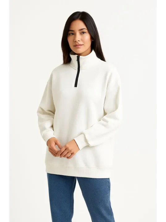Kadın Üç İplik Dık Yaka Yarım Fermuarlı SweatShirt - Beyaz Kadın Üç İplik Dık Yaka Yarım Fermuarlı SweatShirt - Beyaz