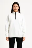Kadın Üç İplik Dık Yaka Yarım Fermuarlı Sweatshirt - Beyaz