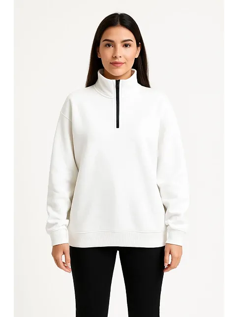 Kadın Üç İplik Dık Yaka Yarım Fermuarlı Sweatshirt - Beyaz