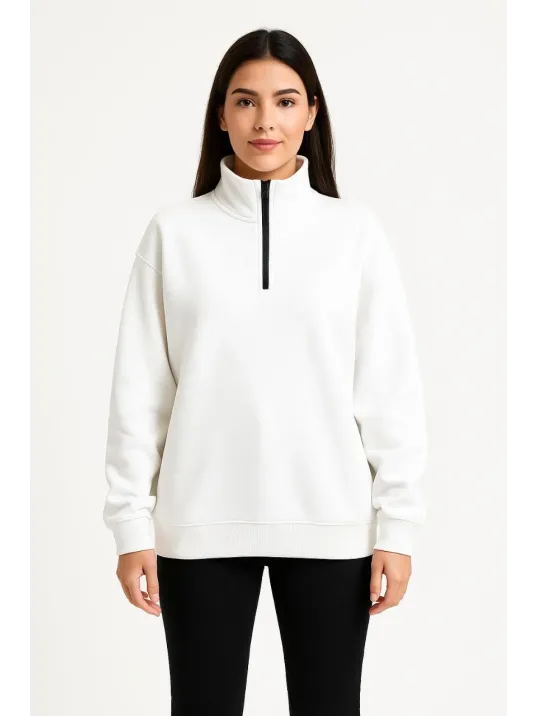 Kadın Üç İplik Dık Yaka Yarım Fermuarlı SweatShirt - Beyaz Kadın Üç İplik Dık Yaka Yarım Fermuarlı SweatShirt - Beyaz