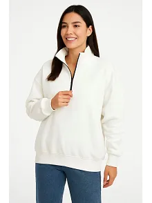 Kadın Üç İplik Dık Yaka Yarım Fermuarlı Sweatshirt - Beyaz