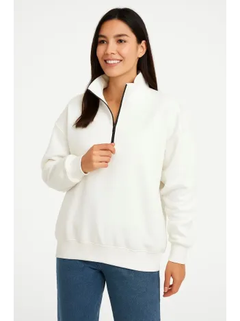 Kadın Üç İplik Dık Yaka Yarım Fermuarlı SweatShirt - Beyaz Kadın Üç İplik Dık Yaka Yarım Fermuarlı SweatShirt - Beyaz
