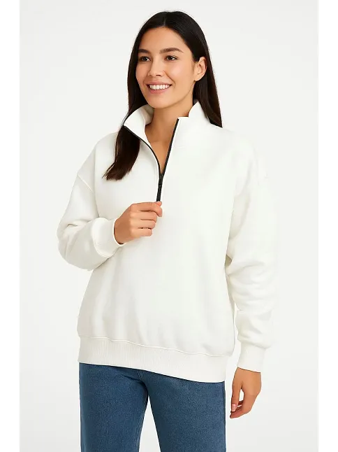 Kadın Üç İplik Dık Yaka Yarım Fermuarlı Sweatshirt - Beyaz