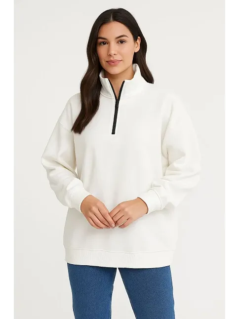 Kadın Üç İplik Dık Yaka Yarım Fermuarlı Sweatshirt - Beyaz
