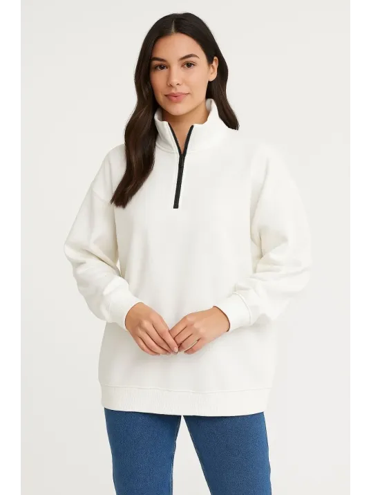 Kadın Üç İplik Dık Yaka Yarım Fermuarlı SweatShirt - Beyaz Kadın Üç İplik Dık Yaka Yarım Fermuarlı SweatShirt - Beyaz
