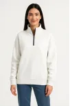 Kadın Üç İplik Dık Yaka Yarım Fermuarlı Sweatshirt - Beyaz