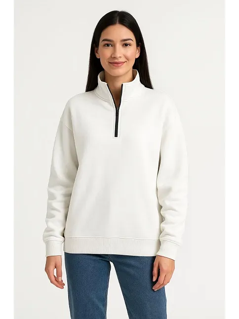 Kadın Üç İplik Dık Yaka Yarım Fermuarlı Sweatshirt - Beyaz