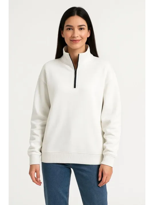 Kadın Üç İplik Dık Yaka Yarım Fermuarlı SweatShirt - Beyaz Kadın Üç İplik Dık Yaka Yarım Fermuarlı SweatShirt - Beyaz