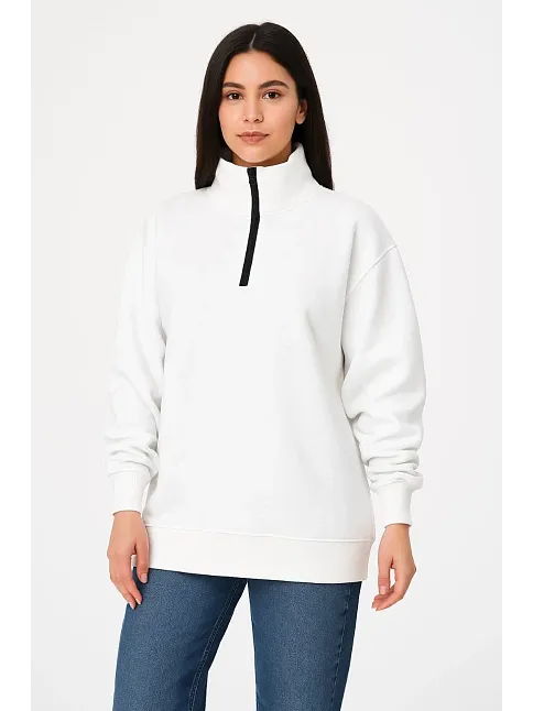 Kadın Üç İplik Dık Yaka Yarım Fermuarlı Sweatshirt - Beyaz