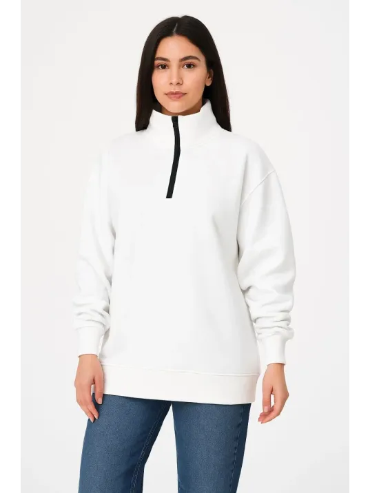 Kadın Üç İplik Dık Yaka Yarım Fermuarlı SweatShirt - Beyaz Kadın Üç İplik Dık Yaka Yarım Fermuarlı SweatShirt - Beyaz