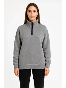 Kadın Üç İplik Dık Yaka Yarım Fermuarlı Sweatshirt - Gri