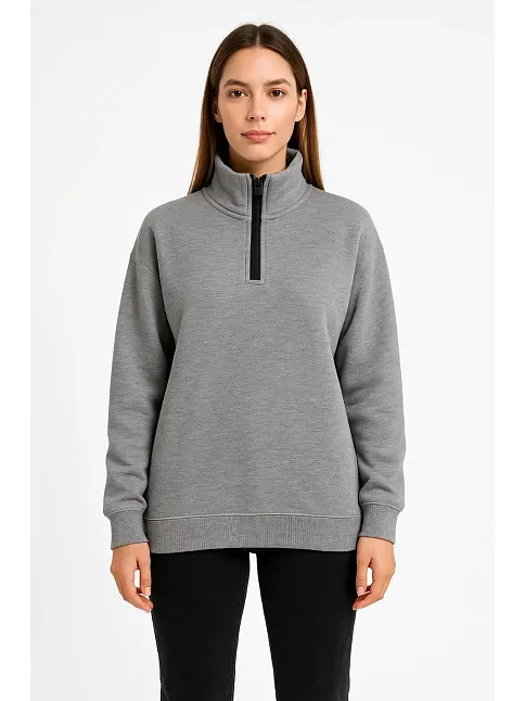Kadın Üç İplik Dık Yaka Yarım Fermuarlı Sweatshirt - Gri