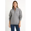 Kadın Üç İplik Dık Yaka Yarım Fermuarlı SweatShirt - Gri