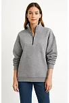 Kadın Üç İplik Dık Yaka Yarım Fermuarlı Sweatshirt - Gri