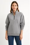 Kadın Üç İplik Dık Yaka Yarım Fermuarlı Sweatshirt - Gri