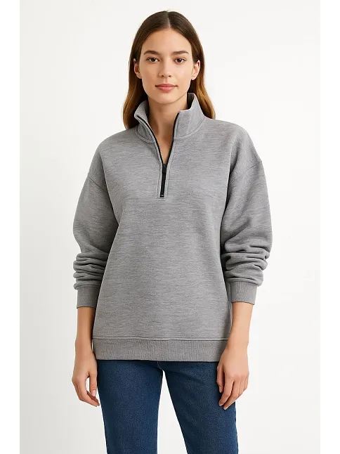 Kadın Üç İplik Dık Yaka Yarım Fermuarlı Sweatshirt - Gri