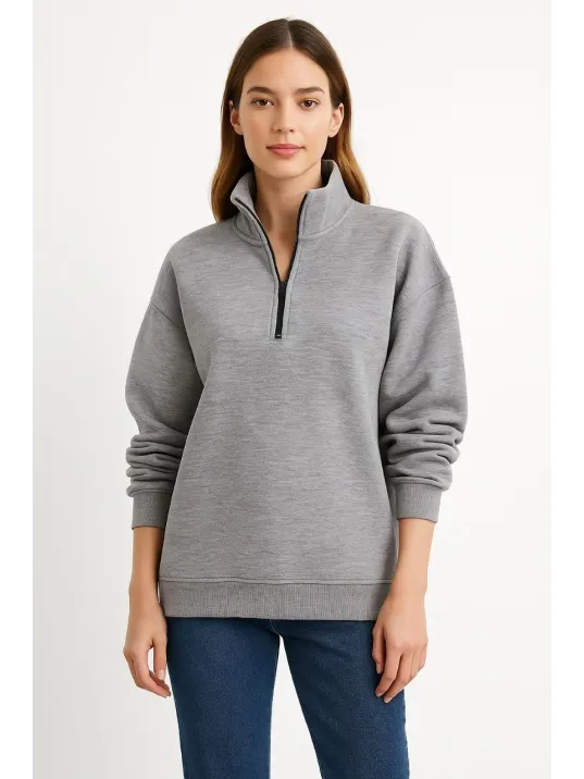 Kadın Üç İplik Dık Yaka Yarım Fermuarlı SweatShirt - Gri