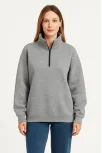 Kadın Üç İplik Dık Yaka Yarım Fermuarlı Sweatshirt - Gri