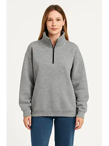 Kadın Üç İplik Dık Yaka Yarım Fermuarlı Sweatshirt - Gri
