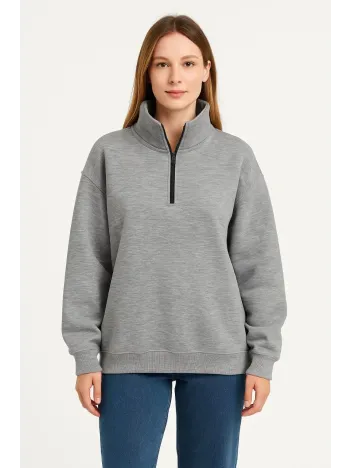 Kadın Üç İplik Dık Yaka Yarım Fermuarlı SweatShirt - Gri Kadın Üç İplik Dık Yaka Yarım Fermuarlı SweatShirt - Gri