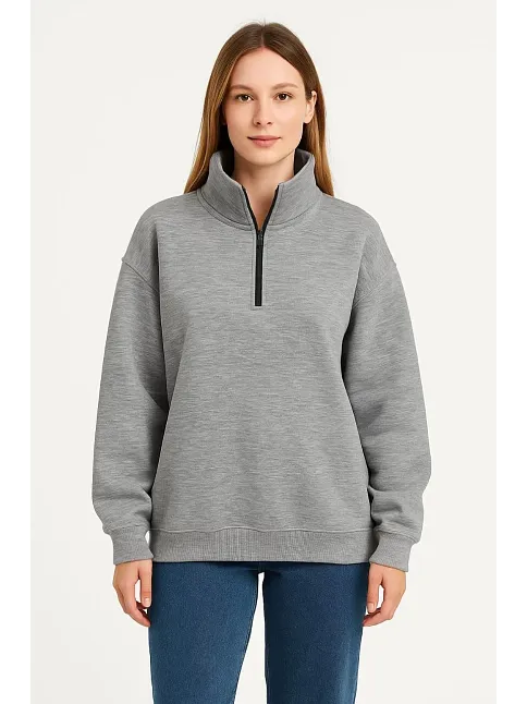 Kadın Üç İplik Dık Yaka Yarım Fermuarlı Sweatshirt - Gri
